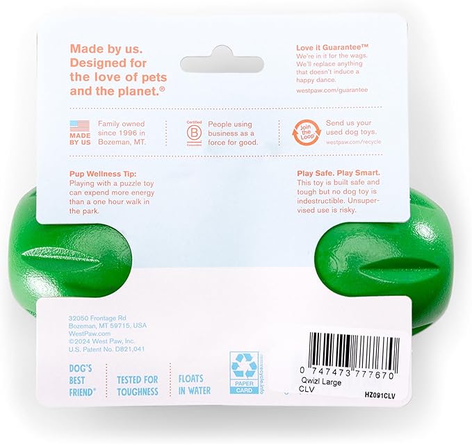 West Paw Qwizl Treat Dispensing Dog Toy for Tough Chewers- Durable Long Lasting Chew and Fetch Toy Keeps Dogs Engaged- Dishwasher Safe Safe Materials Made in USA - Clover Green, Large