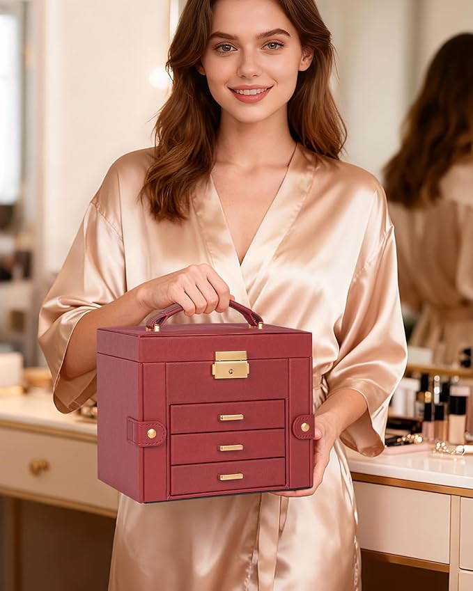 TORIBIO Jewelry Box for Women, Leather Jewelry Organizer with Mirror & Lock, 4-Tier Jewelry Storage Organizer with 3 Drawers for Girls/Women/Mothers, Necklace Earring Bracelets Holder Organizer