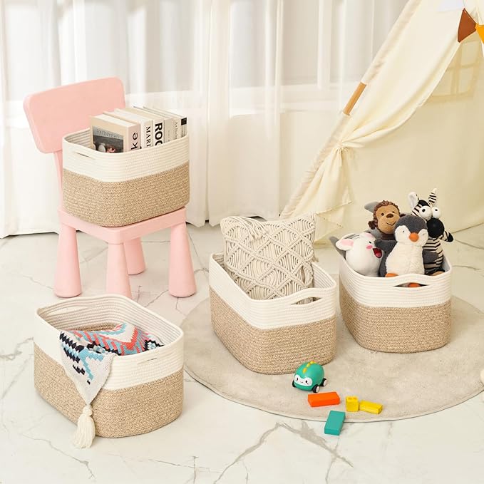 Storage Baskets for Organizing & Shelves, Woven Cotton Rope Organization Bins for Dog Toys, Clothes, Books, Nursery Organizer, 15" Lx11''Wx9.5''H, (4 Packs) Off White & Brown