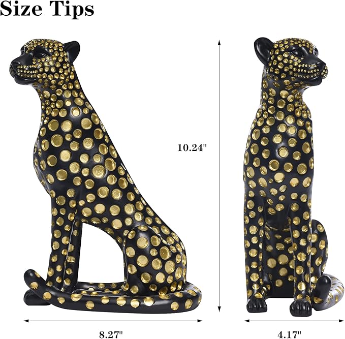 Quoowiit Leopard Sculptures for Home Decor, Modern Sculptures Decorations for Living Room, Bedroom, Table, Bookshelf, Black Resin Leopard Art Decorative Sculpture with Gold Polka Dots Design-Black