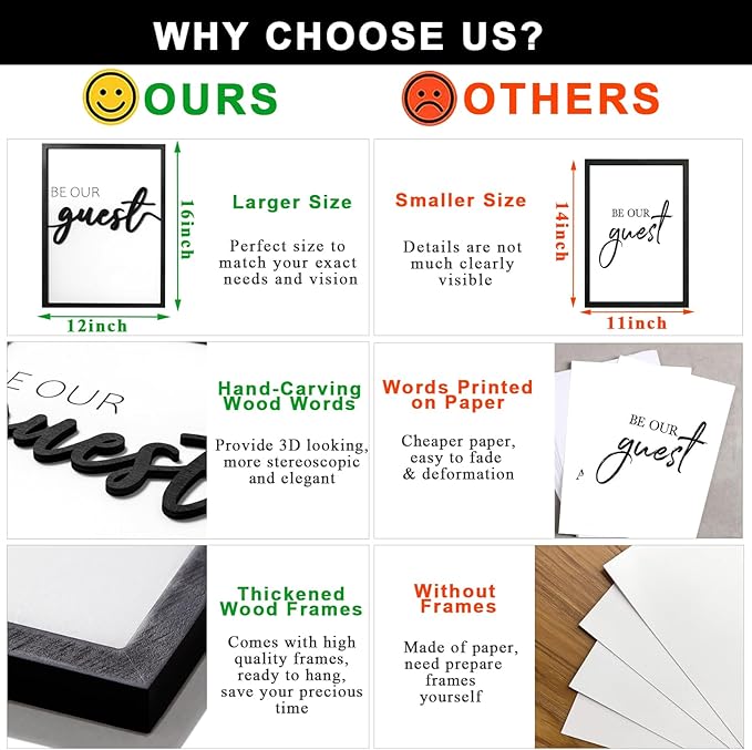 3D Wood Be Our Guest Wall Art, Black and White Be Our Guest Wall Decor Sign, Framed Guest Room Wall Decor(Ready to Hang, 12x16 inches, Set of 3, Framed)