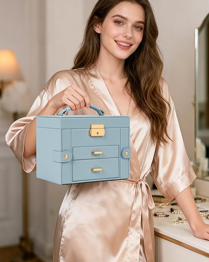 TORIBIO Jewelry Box for Women, Leather Jewelry Organizer with Mirror & Lock, 3-Tier Jewelry Storage Organizer with 2 Drawers for Girls/Women/Mothers, Necklace Earring Bracelets Holder Organizer