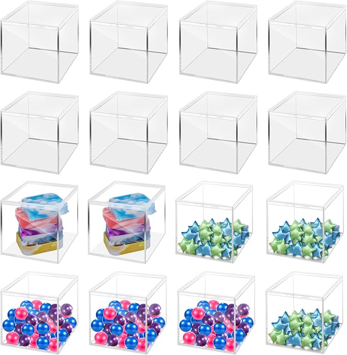 12Pack 4x4x4 Inches Acrylic Containers Clear Box with Lids for Display Acrylic Gift Box & Clear Multi Purpose Organizer Candy Storage for Cosmetics, Makeup, Jewelry, Party Favor