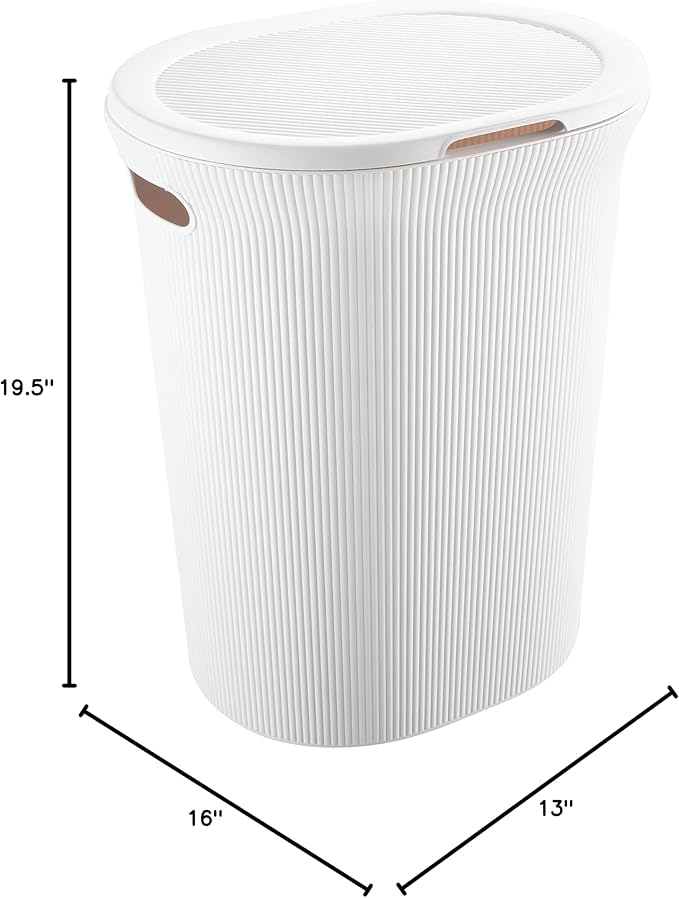 Superio Ribbed Collection - Decorative Plastic Laundry Hamper with Lid and Cut-Out Handles, White (2 Pack) Basket Organzier for Bedroom Bathroom College Dorm Room 40 Liter
