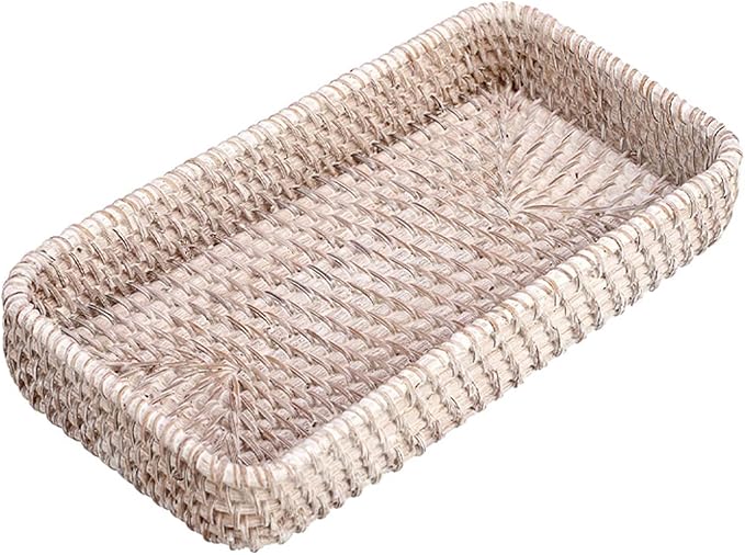 Hipiwe Rattan Key Tray Handwoven Wicker Baskets for Entryway Table Vanity Decorative Serving Tray for Candy Rectangular Fruit Basket, Whitewash