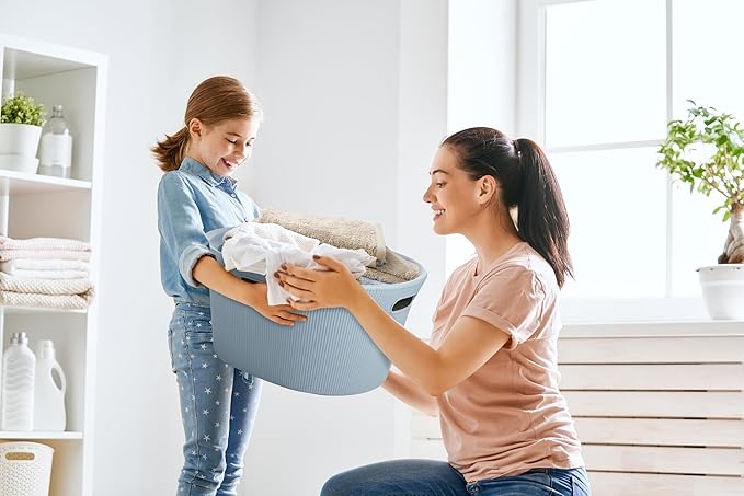 Superio Ribbed Collection - Decorative Plastic Laundry Basket with Cut-Out Handles, Blue (2 Pack) Hamper Organzier for Bedroom Bathroom College Dorm Room 35 Liter