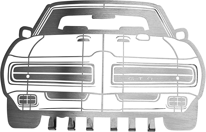MOOH Metal Automotive Key Holder with 6 Hooks - Unique Wall Mounted Car Lovers Gifts for Men & Women - Cool Man Cave Decor (Pontiac GTO 1969, Stainless Steel)