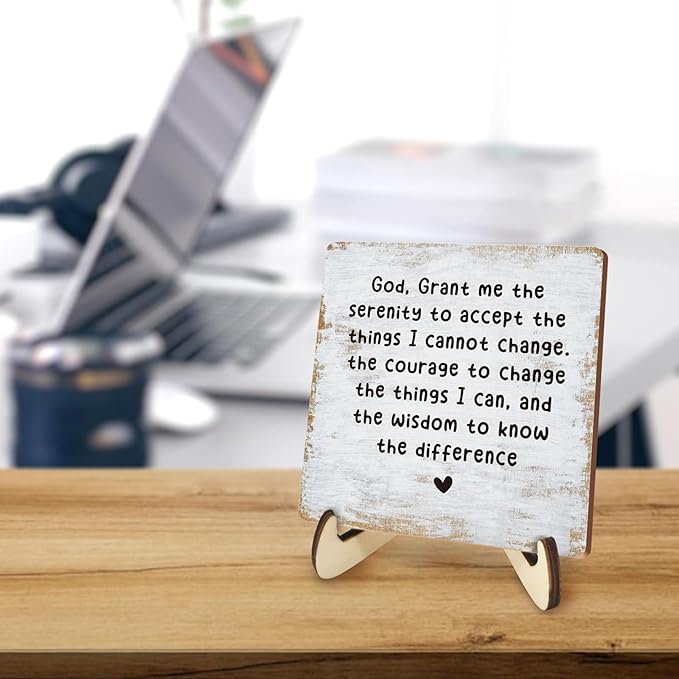 Decorative Desk Decor Motivational Mental Health Recovery Positive Plaque with Wooden Stand Inspirational Serenity Prayer Christian Wood Sign for Home Office Reading Corner Table Bookshelf
