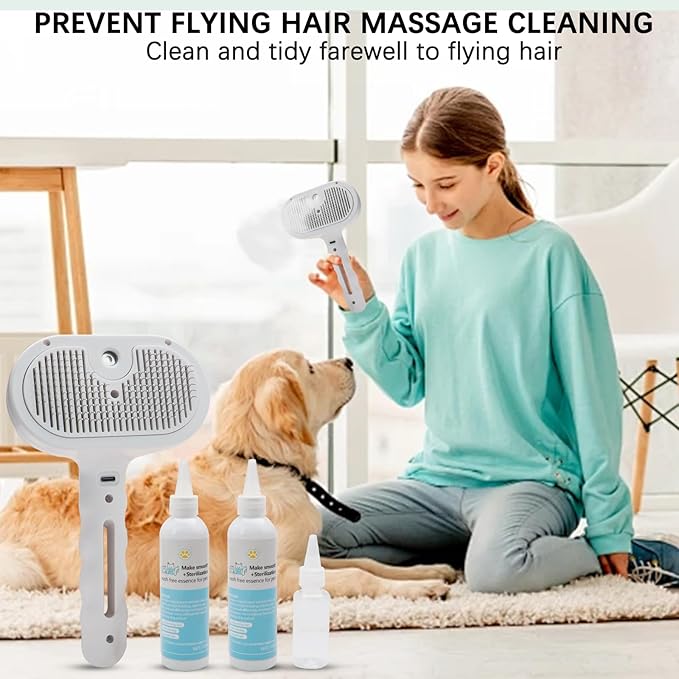 Pet Steam Brush for Shedding– 4-in-1 De-Shedding, Steam Spray, and Self-Cleaning Grooming Tool – Ideal for Long and Short-Haired Pets– Includes 2 Bottles of 120 mL Waterless Shampoo(White)