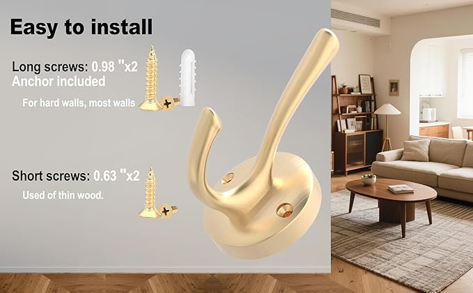 Gold Wall Hooks, 5 Pack Coat Robe Hook Heavy Duty Metal Double Bath Hook Wall Mounted, Hand Towel Hooks for Cubicle Bathroom Kitchen Closet Garage