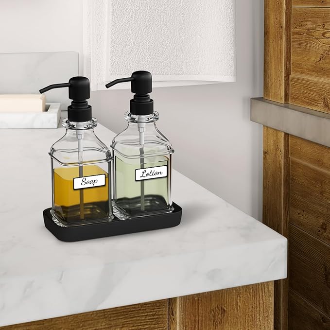 Soap Dispenser - 2 Pack, Antique Design Thick Glass Hand Soap Dispensers with Sturdy Tray; 304 Rust Proof Stainless Steel Black Pump, 12Pcs Stickers, for Kitchen, Bathroom