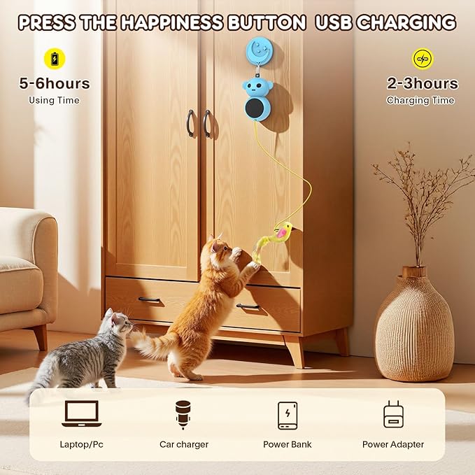 Interactive Cat Toys for Indoor Cats - 2 in 1 Automatic Laser Pointer Cat Toy with Feather Flying Bird,Smart Moving Mouse Wand Toy, Auto On/Off Hanging Toys for Bored Kitten & Adult Cats(Blue)