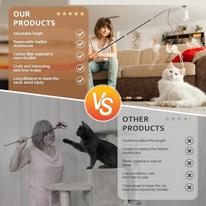 ROSAUI Cat Teaser Wand Toys, Interactive Bird Toys for Indoor Kittens, 42.15’’ Long Cat Fishing Pole Toys, 2Pcs Wires and 5Pcs Natural Refills, Sustainable Wooden Handles, Exercising, Playing