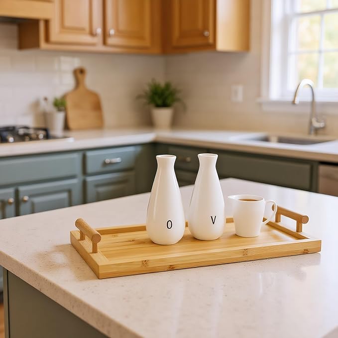 2 Pack Bamboo Serving Tray with Handles, Decorative Rectangular Food Platter, Wooden Potable Bed Tray for Entertaining, Kitchen Counter, Party Display, Living Room, Breakfast Dinner Eating