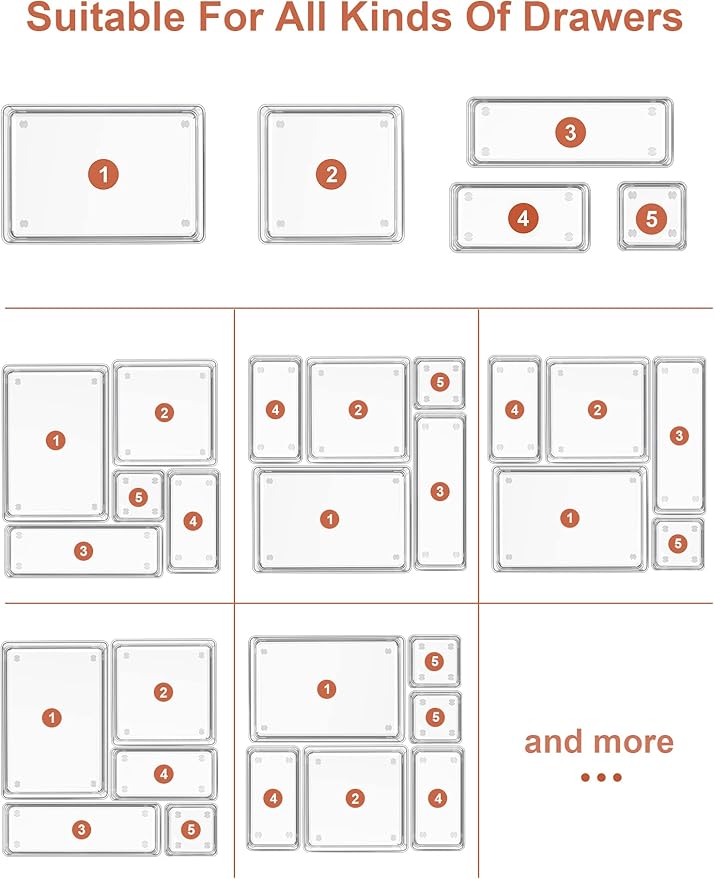 SMARTAKE 16-Piece Drawer Organizer with Non-Slip Silicone Pads, 5-Size Desk Storage Tray for Makeup, Jewelries, Utensils in Bedroom Dresser, Office and Kitchen, Clear