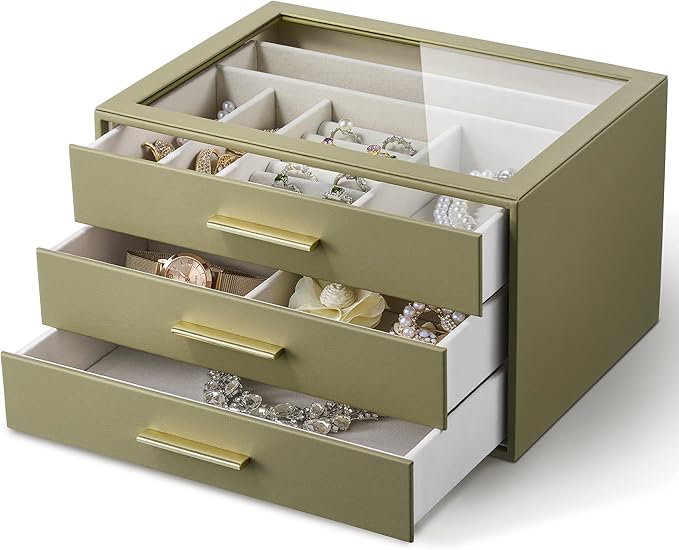 Jewelry Box Organizer Case for Women: 3-Layer Jewelry Storage Case with Glass Window, Olive Green Leather with Cream Velvet, Holder for Ring Necklace Bracelet Brooch Watch, Great Gift for Her