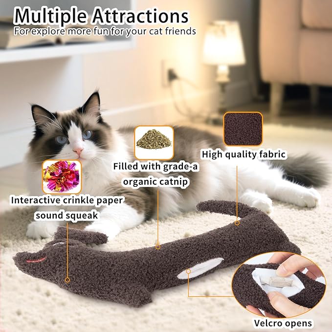 Refillable Catnip Toy for Indoor Cats Kitten, Natural Catnip & Silvervine Safe Teeth Cleaning Kitty Kicker Toy 13.77In, Crinkle Sound Interactive Cat Nip Chew Toys, Brown