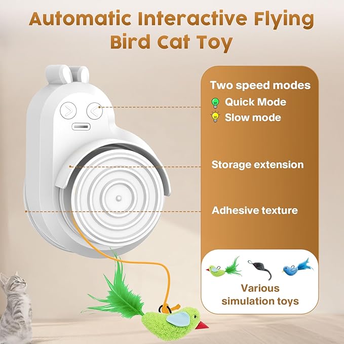 Interactive Cat Toys for Indoor Cats - Automatic Flying Bird Feather & Mouse Wand Enrichment Toy, Hands-Free or Handheld USB-Rechargeable Safe Play Chase Exercise for Bored Kittens and Adult Cats