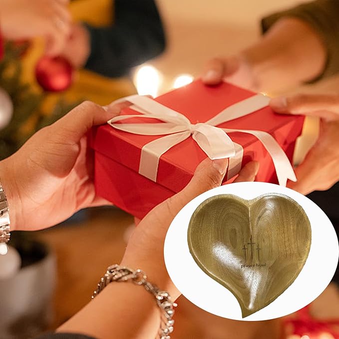 Heart Prayer Bowl Wooden with 24 Prayer Cards, Christian Congregation Religious Prayer Gifts (White-2)