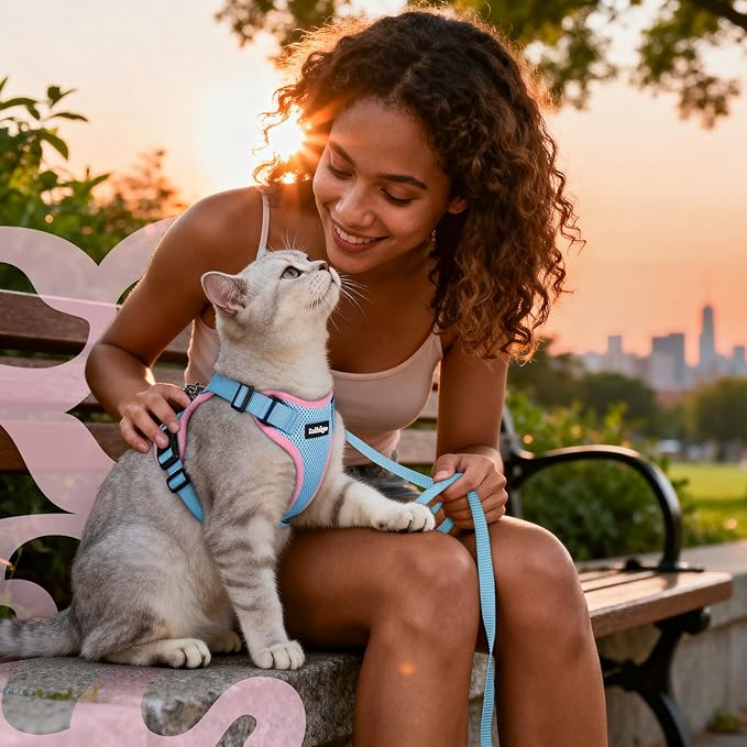 rabbitgoo Cat Harness and Leash for Walking, Escape Proof Soft Adjustable Vest Harnesses for Cats, Easy Control Breathable Reflective Strips Jacket, Light Blue&Pink, M