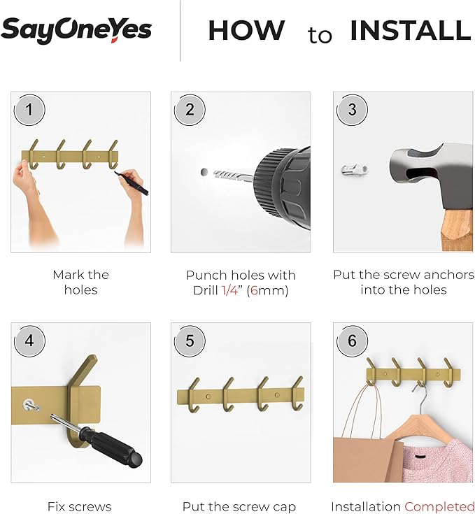 Brushed Gold Wall Mounted Coat Rack – 12 Inch Stainless Steel Rail with 4 Double Coat Hooks for Entryway, Bathroom, Bedroom, Kitchen – Modern Gold Hook Rack for Coats, Hats, Towels