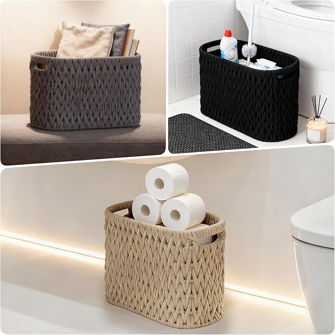 Boho Toilet Paper Storage Baskets, Cotton Rope Woven Bathroom Basket Set of 2, Standing Toilet Paper Holder for 6 Mega Rolls,Storage Bins for Toilet Tank Top, Bathroom Organizer Decor (Brown 2 Pack)