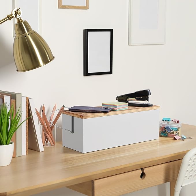 Large Cable Management Box, Wooden Cord Organizer Box for Desk, Floor, Office to Hide Extension Cords Power Stripes Surge Protectors Chargers Wires, White