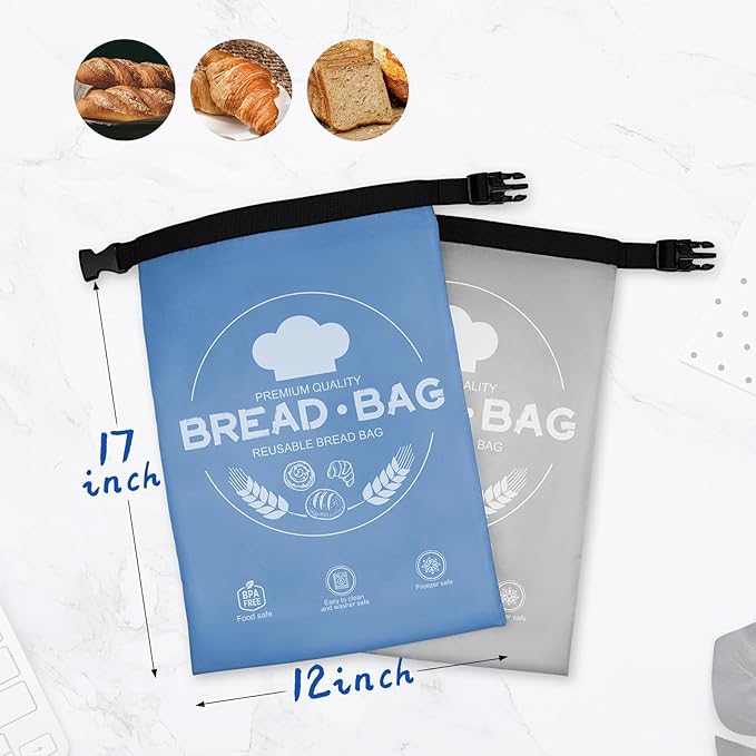 Bread Bags for Homemade with Beeswax Wrap - Zipper Reusable Bread Bag for Sourdough 2-Pack, Reusable Food Storage Bag to Keep Sourdough Fresh, Freezer-Safe, Eco-Friendly (Grey&Blue)