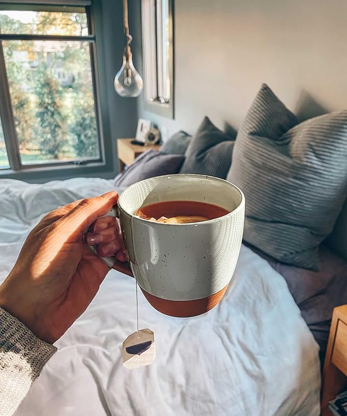 Mora Ceramic Large Latte Mug Set of 4, 16oz - Microwavable, Porcelain Coffee Cups With Big Handle - Modern, Boho, Unique Style For Any Kitchen. Microwave Safe Stoneware - Earl Grey