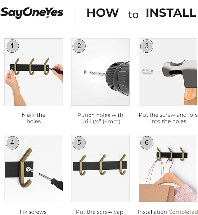 Small Coat Rack Wall Mount – Black and Gold Hook Rail with 3 Double Coat Hooks, 9 Inch Stainless Steel Wall Hooks for Entryway, Bathroom, Bedroom, Closet, Towel, Hat, Bag, Heavy Duty Organizer