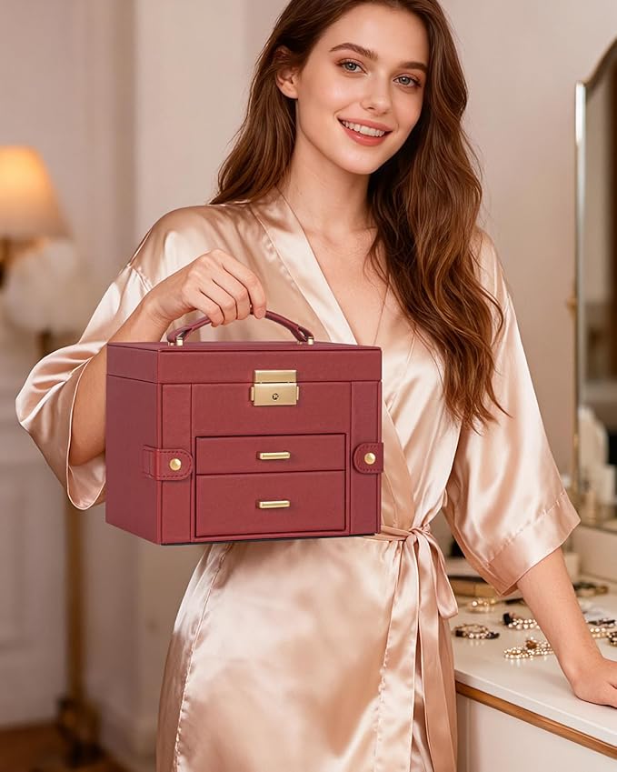 TORIBIO Jewelry Box for Women, Leather Jewelry Organizer with Mirror & Lock, 3-Tier Jewelry Storage Organizer with 2 Drawers for Girls/Women/Mothers, Necklace Earring Bracelets Holder Organizer