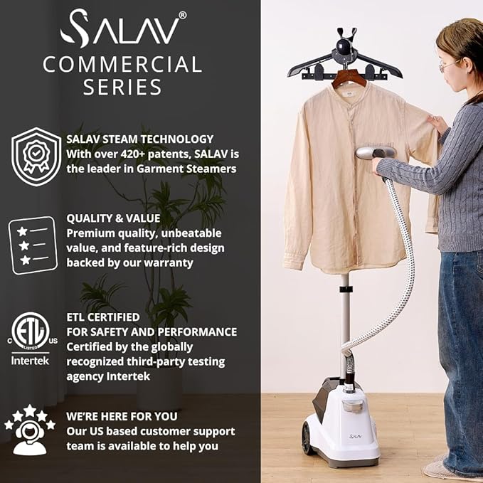 SALAV Heavy Duty Commercial Full-Size Garment Steamer with Foot Pedals and Extra Large 3L (101.5 oz) Water Tank, 1800 watts, 90+min of Continuous Steam (White)