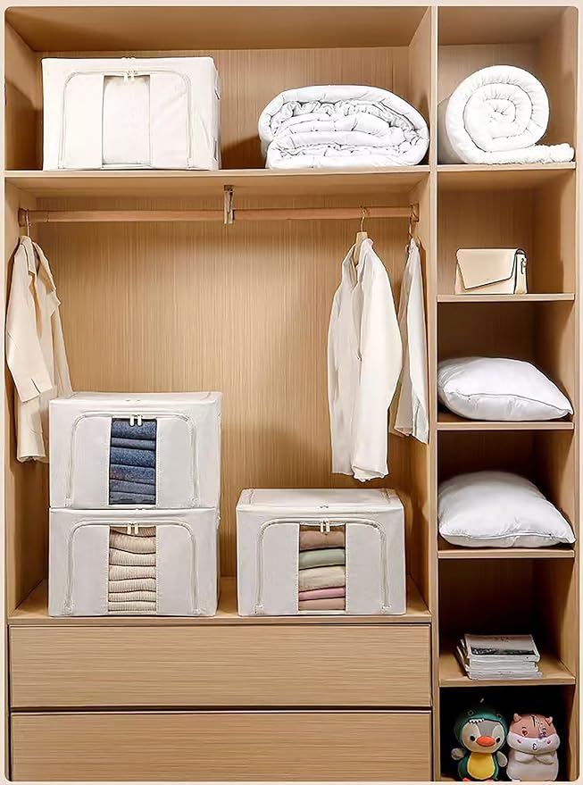 Clothes Storage Bins, 2 Pack Bedding Organizers with Handles, Stackable Metal Frame Closet Organizer, Visable Windows, Clothing Organization for Sweatshirt, Blanket, Long Dresses, (66L Cream White)