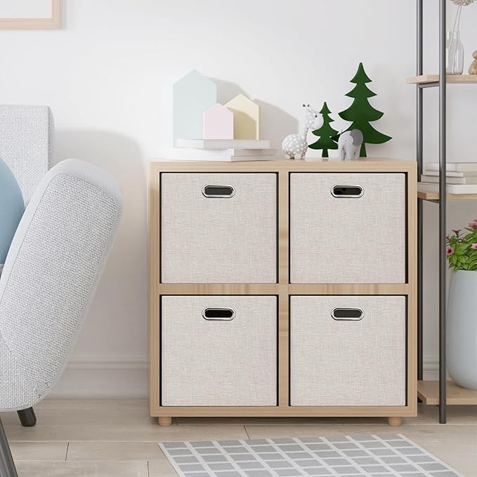 Posprica 15.12"x12.13"x12.01" Storage Cube Bins, Linen Decorative Closet Storage Organizer for IKEA Kallax, 4 Pack Fabric Foldable Large Storage Baskets for Closet, Shelves, Clothes, Toy (Beige)