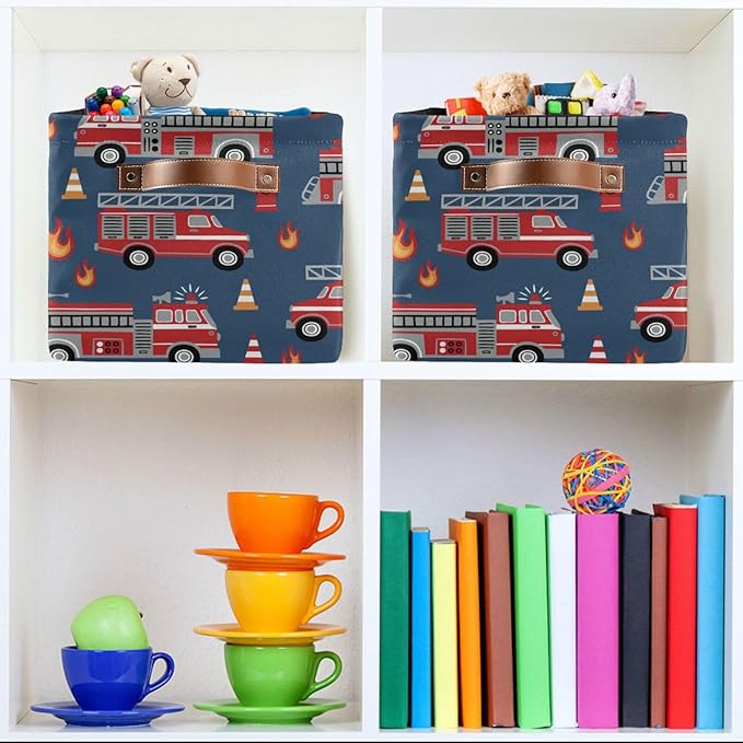 Fire Trucks Large Storage Basket Cube Storage Bin Canvas Fabric Organizer Handles Collapsible Decorative for Clothes Toys Bedroom
