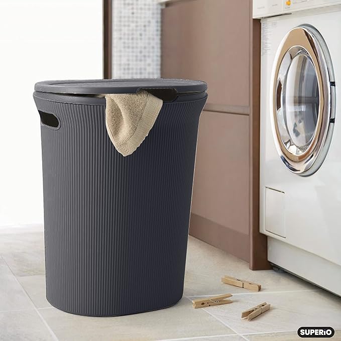 Superio Ribbed Collection - Decorative Plastic Laundry Hamper with Lid and Cut-Out Handles, Grey (1 Pack) Basket Organzier for Bedroom Bathroom College Dorm Room 40 Liter