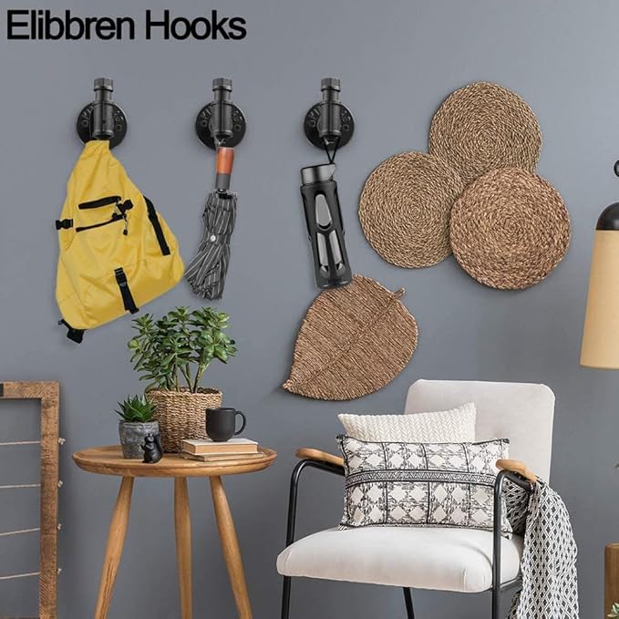 Elibbren 4 Pack Rustic Style Industrial Iron Pipe Coat Towel Holder Wall Hook for Hanging, Wall Mounted Vintage Robe Clothes Hanger Heavy Duty Farmhouse,Mounting Hardware Included Black