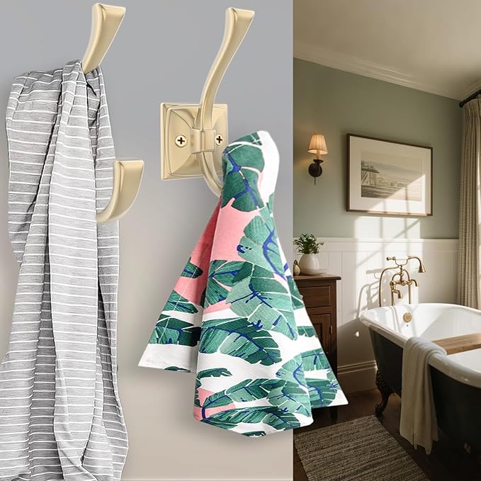 2 Pack Brushed Gold Wall Hooks for Hat, Coat, Towel, Key, Bag, Mudroom Hooks Entrance Bathroom Door Decorative Heavy Duty Coat Hanger