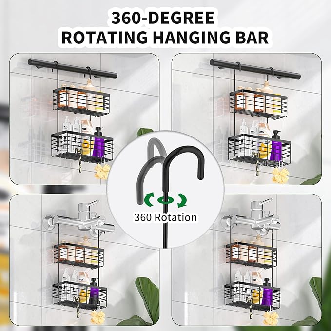 SHANSHUI Shower Hanging Caddy, Double Bathroom Showers Organizer Basket, Shampoo Bracket, Over Door Shower Rack with Hooks, 304 Stainless Steel Rustproof