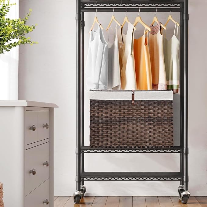 240L Wicker Storage Basket with Lid, Handwoven Rattan Large Shelf Basket with Removable Liner, 63.5 Gallon Wicker Basket for Blanket, Storage Trunk with Handle for Closet, Bedroom, Livingroom, Brown