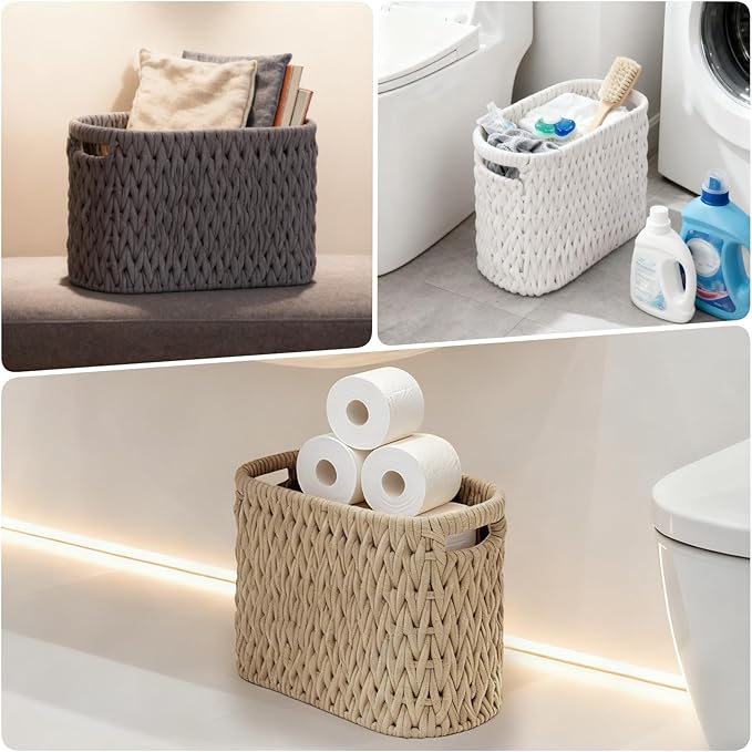Boho Toilet Paper Storage Baskets, Cotton Rope Woven Bathroom Basket Set of 2, Standing Toilet Paper Holder for 6 Mega Rolls,Storage Bins for Toilet Tank Top, Bathroom Organizer Decor (Gray 2 Pack)