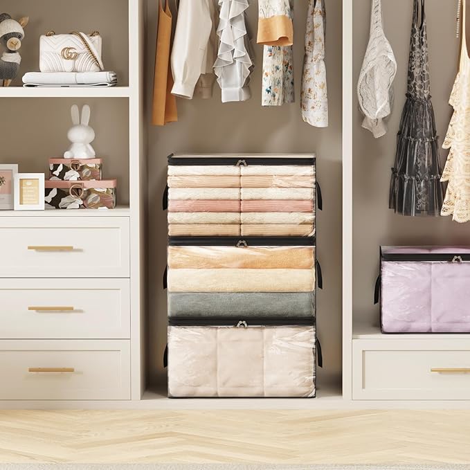 Lifewit 3 Pack Clear Clothes Storage Bags, 60L Plastic Blanket Vinyl Foldable Moving Bags with Zipper, Closet Organizers and Storage Containers for Bedding, Duvet, Pillow