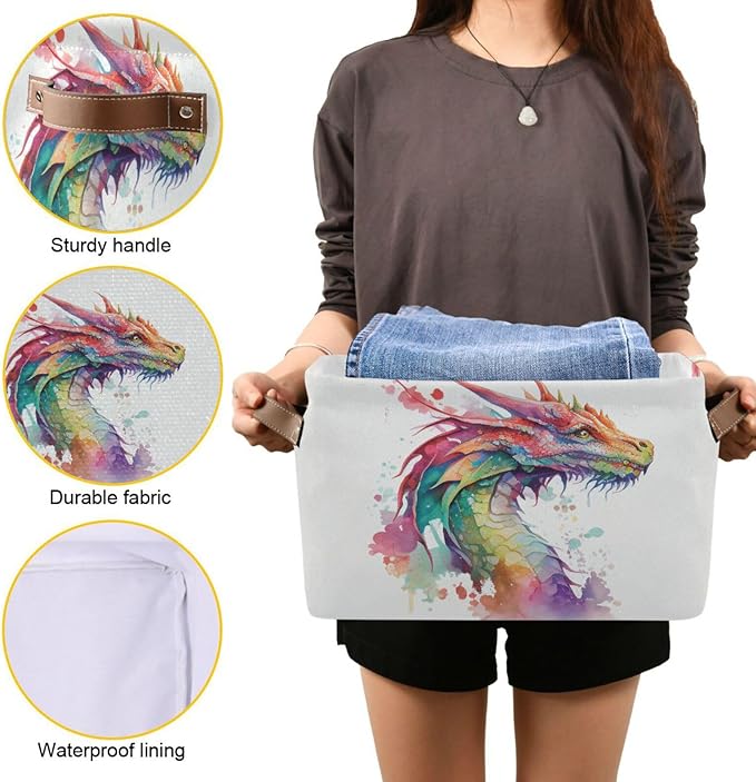 Large Storage Basket Watercolor Dragon Cube Storage Bin Canvas Fabric Organizer Handles Collapsible for Clothes Toys Bedroom Decorative