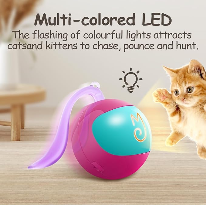 Migipaws Interactive Cat Ball Toy Set, Fun Tracker, Automatic Rolling Chase Ball with Fluffy Tail, A Small Mice, Rechargeable (Rose)