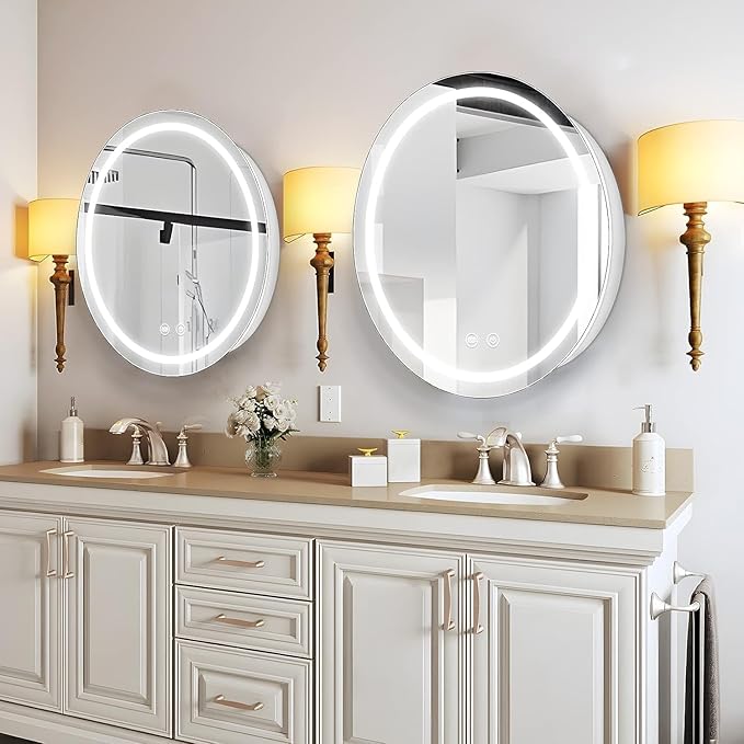 24inch Round Medicine Cabinet with Lights,Led Medicine Cabinet with Defogger,Illuminated Mirror Cabinet for Bathroom,Dimmable,Anti-Fog,3 Colors,Surface Mount Only,White