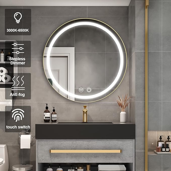 26inch Round Medicine Cabinet with Lights,Led Medicine Cabinet with Defogger,Illuminated Mirror Cabinet for Bathroom,Dimmable,Anti-Fog,3000k-6500K Color Temperature