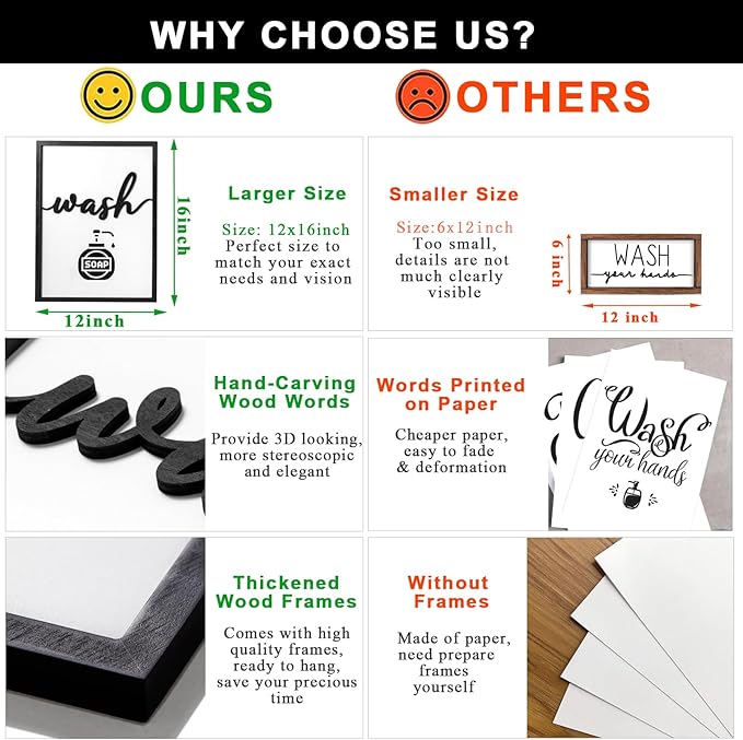 3D Wood Funny Bathroom Wall Art, Framed Black and White Bathroom Pictures Wall Decor, Cute Toilet Pictures for Bathroom Signs Decor(Ready to Hang, 12x16 inches, Set of 3, Framed)