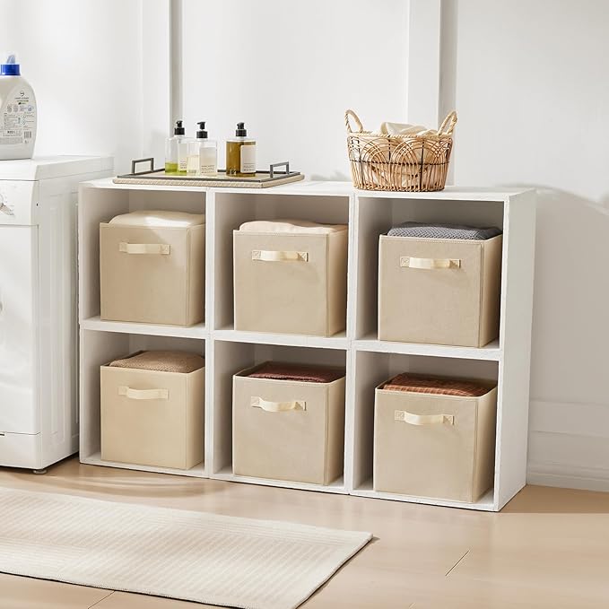 MAX Houser Fabric Cloth Storage Bins,Foldable Storage Cubes Organizer Baskets with Dual Handles for Home Bedroom Storage,Set of 6(Beige)