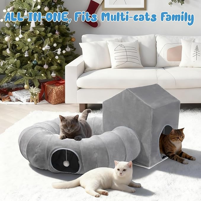 Pawaboo Cat Tunnel Bed Under Christmas Tree with Cat House, Cats Donut Tube with Square House, Christmas Cats Toy Circle Tunnel with Cave, Kitten Bed Hideout Gift Festive Kitty Tube Tunnels, Dark Gray