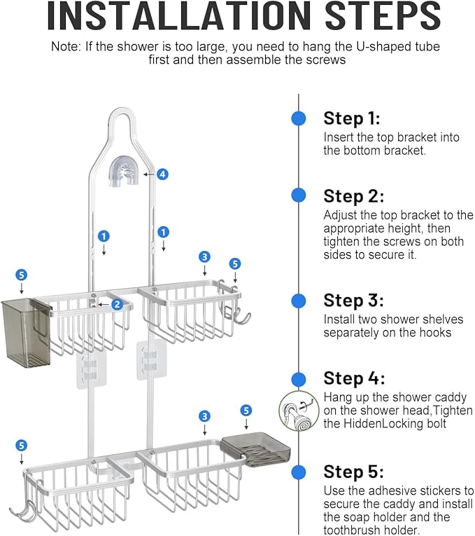Adjustable Shower Caddy Hanging for Handheld Showerheads - Never Rust Shower Hanging Organizer, Upgraded Bathroom Shower Rack with Soap Basket, Hooks and Toothbrush Holder (Silver)